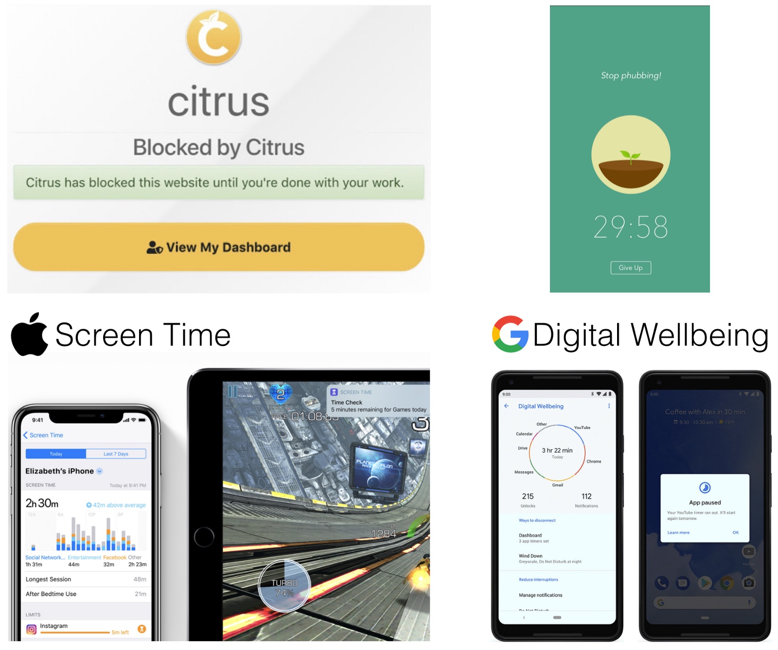 Many tools help support self-control over device use, using tricks such as blocking access to distracting websites (top left) or cutting down virtual trees if you use your smartphone during a focus session. Apple (bottom left) and Google (bottom right) recently begun to build similar functionality into their mobile operating systems.